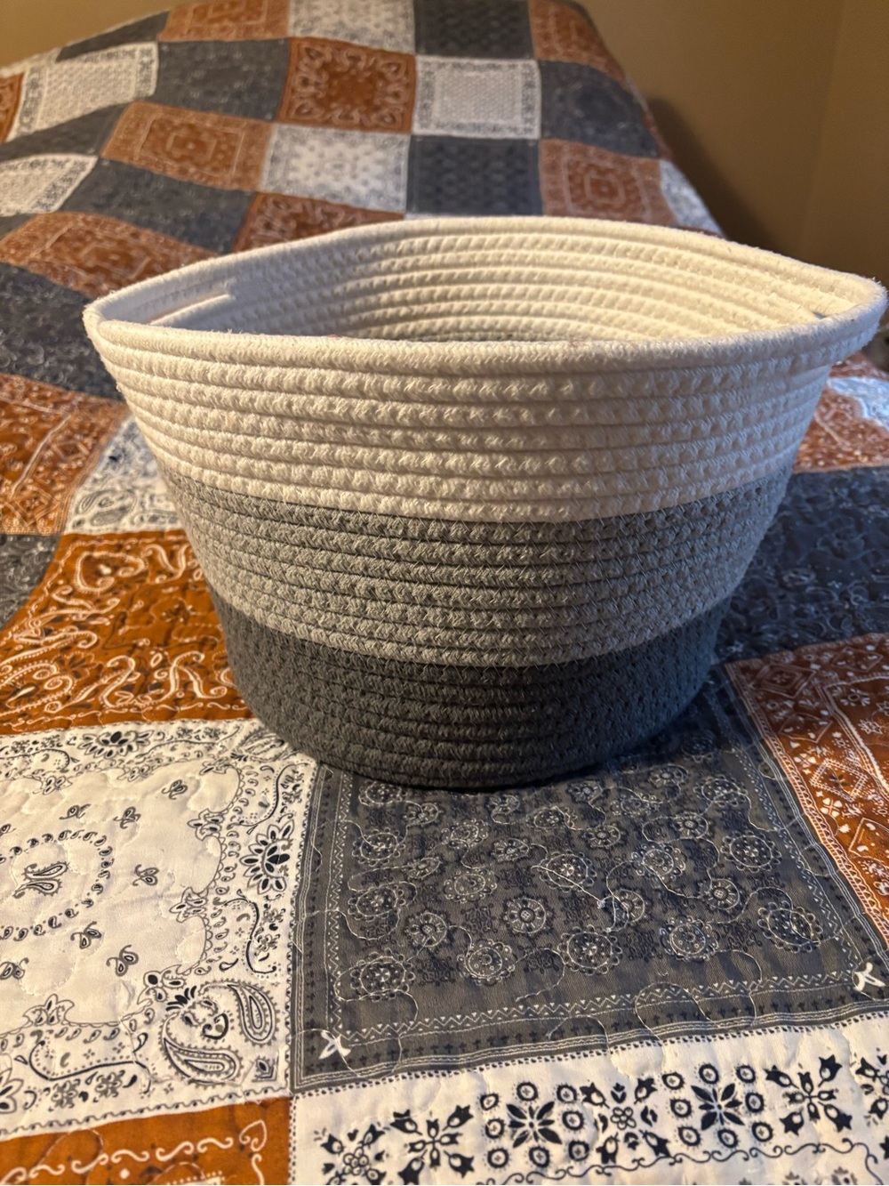 Striped Cotton Rope Storage Basket in White, Light Gray & Dark Gray